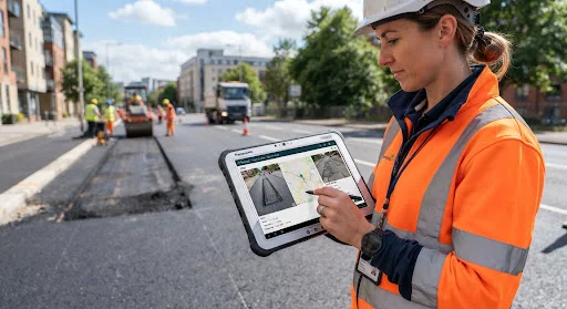 Municipal field inspection engineer using a ruggedized mobile tablet capturing before and after geotagged proof of civil road maintenance work under bright daytime sky with GIS overlay lines.