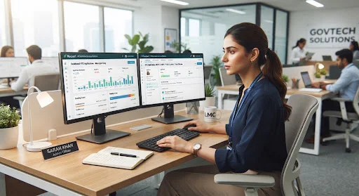 Municipal administrative officer at an organized modern workstation reviewing time-bound Right to Services files on dual monitors. High-contrast modern GovTech office setting with soft daylight and clean desk aesthetics.