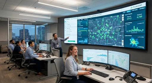 Modern government command center with municipal officers tracking live civic issues on digital map displays with green status indicators in high tech clean office.